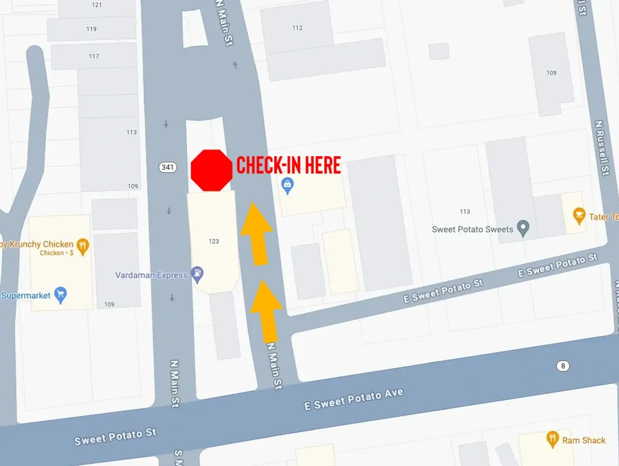 Vendor entrance map showing travel north on North Main Street from Highway 8 to the check-in location in front of Napa Auto Parts